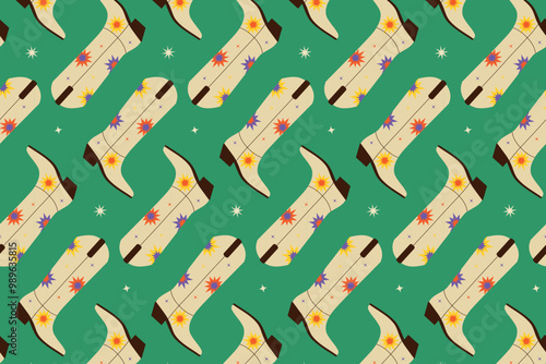 Seamless pattern with women's cowboy boots on a green background. Vector illustration.