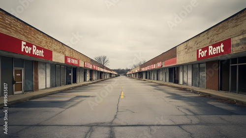 A run-down American strip mall with boarded-up storefronts and For Rent signs on every door.