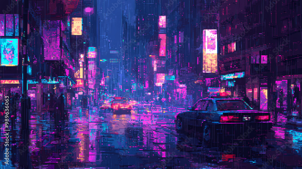 Lofi pixel art of a rainy cyberpunk city street with dark and neon ...
