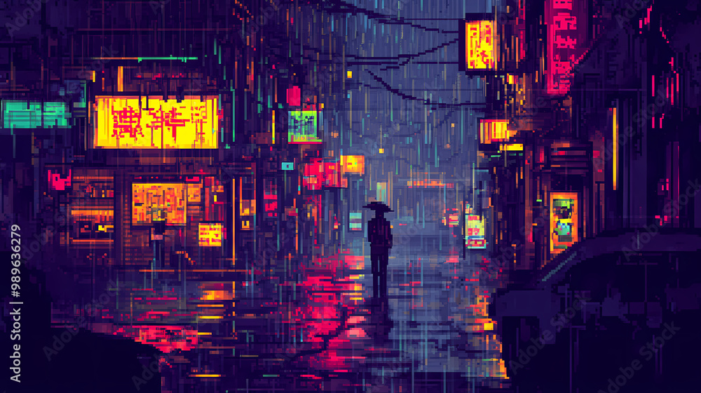 Lofi pixel art of a rainy cyberpunk city street with dark and neon ...