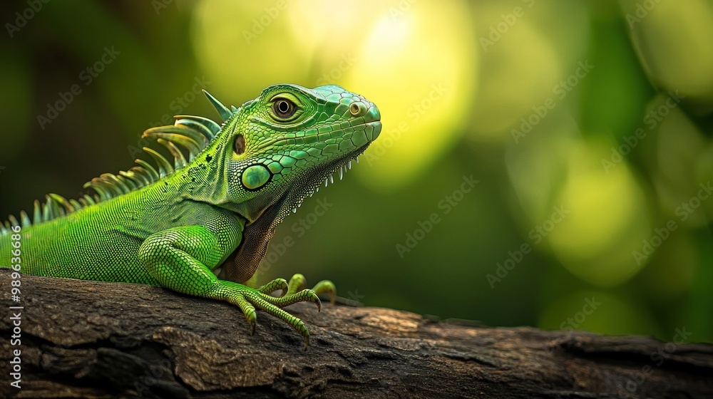A vibrant green iguana resting on a branch, surrounded by a soft, blurred background. A vibrant green iguana resting on a branch, surrounded by a soft, blurred background.