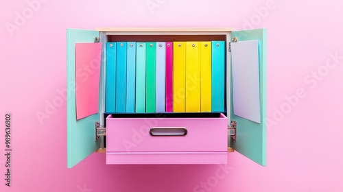 Organized Office Drawer with Colorful Folders on Pastel Background