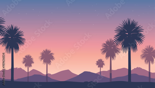 Print Lush palm silhouettes against a dusk sky in joshua tree national park