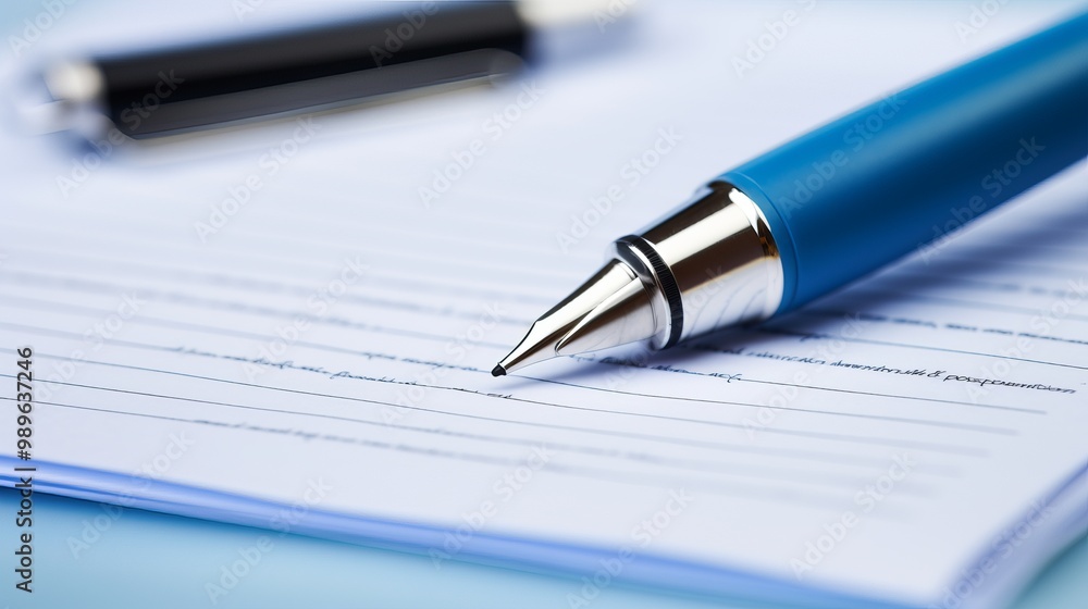 A blue pen rests on an empty sheet of paper, with two black pens blurred in the background A blue pen rests on an empty sheet of paper, with two black pens blurred in the background