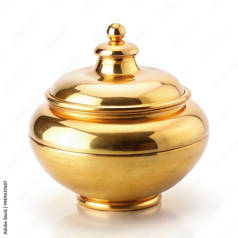 A golden decorative bowl displayed on a white background during daylight. Generative AI A golden decorative bowl displayed on a white background during daylight. Generative AI