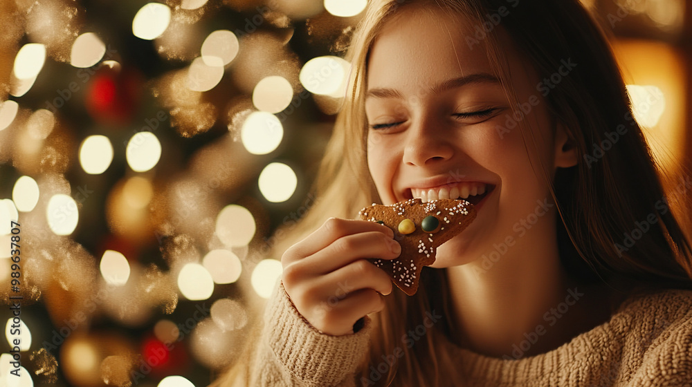 A cute girl in a cozy beige sweater eats gingerbread biting it with her teeth against the background of a blurred Christmas tree with garlands. A cute girl in a cozy beige sweater eats gingerbread biting it with her teeth against the background of a blurred Christmas tree with garlands.