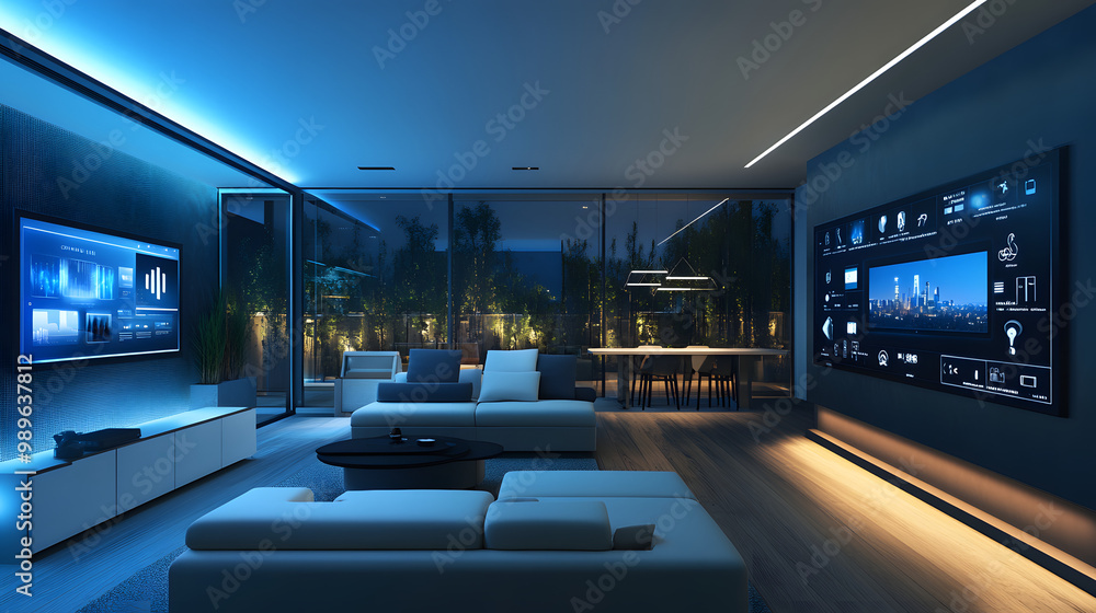 A smart home interior with voice-activated devices digital displays on the walls and energy-efficient lighting adjusting automatically. A smart home interior with voice-activated devices digital displays on the walls and energy-efficient lighting adjusting automatically.