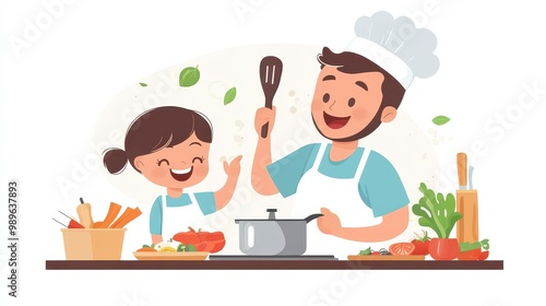 A parent and child bond while cooking together, sharing ingredients and laughter