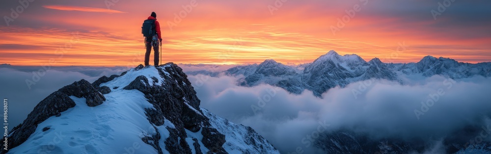 Lone climber standing on snowy mountain peak under a dramatic twilight sky Lone climber standing on snowy mountain peak under a dramatic twilight sky