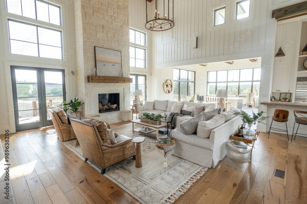 beautiful luxury modern farmhouse large great room with high ceilings ...