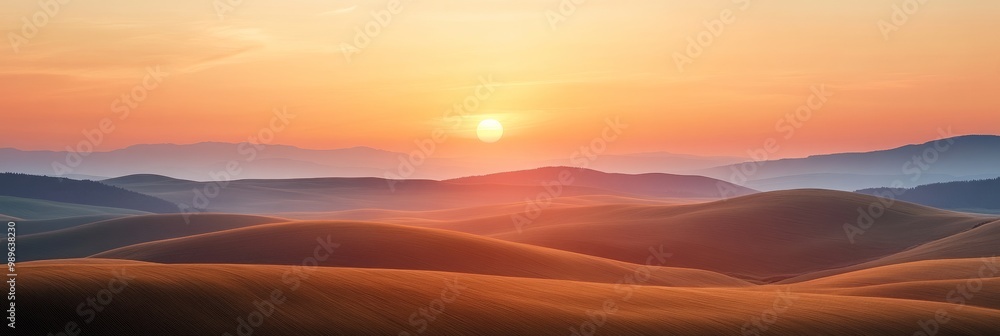 Serene Sunset Over Rolling Hills, vibrant colors blend softly in the sky, gentle clouds drift across a blurred horizon, tranquil evening scene Serene Sunset Over Rolling Hills, vibrant colors blend softly in the sky, gentle clouds drift across a blurred horizon, tranquil evening scene
