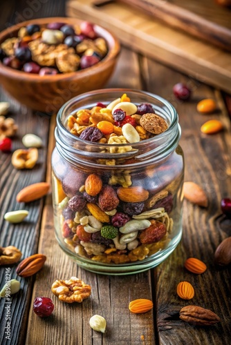 Enjoy a tasty vegan trail mix delight in a rustic kitchen setting. Generative AI