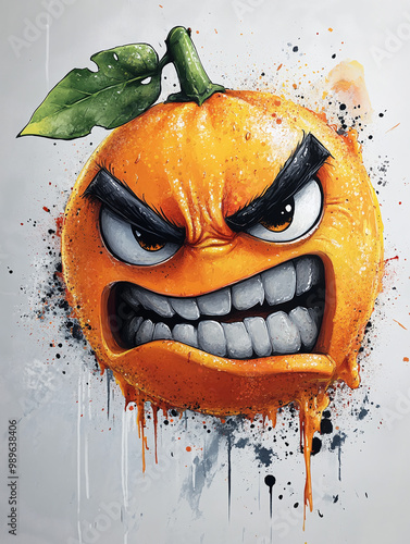 Angry Orange Fruit Character Digital Art Illustration with Quirky Playful Design
