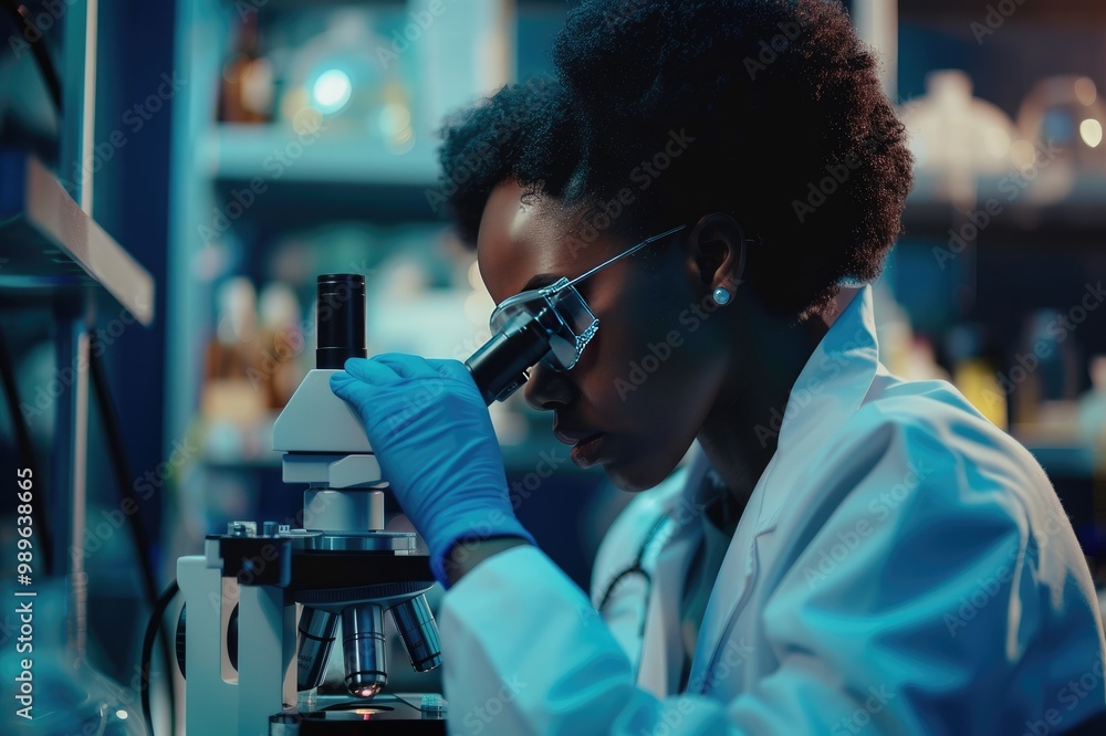 Black female scientist looking through microscope while working in laboratory. Black female scientist looking through microscope while working in laboratory.