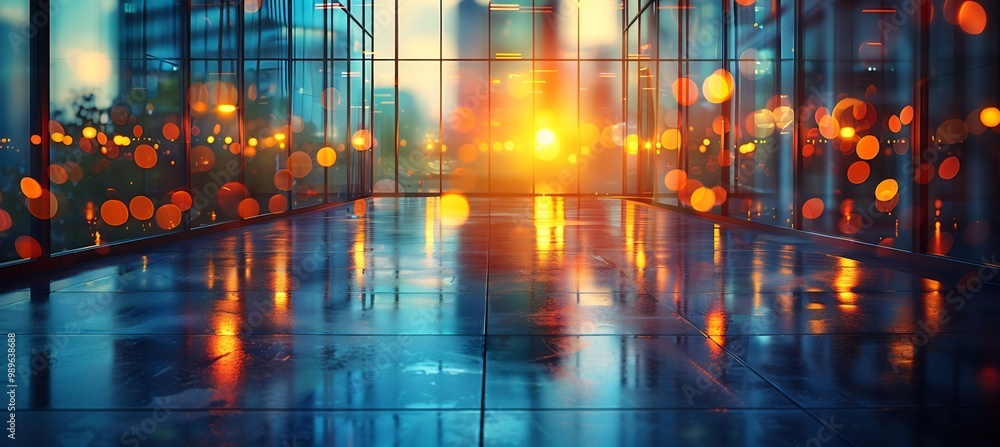 Naklejka premium Wideangle blurry view of modern office space with minimalist decor captured through a prism lens for a kaleidoscopic effect