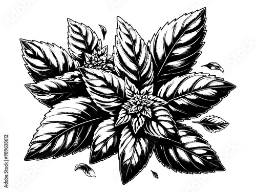 Spice basil. Detailed black and white. Recipe and nutrition concept. Vector, generative ai.