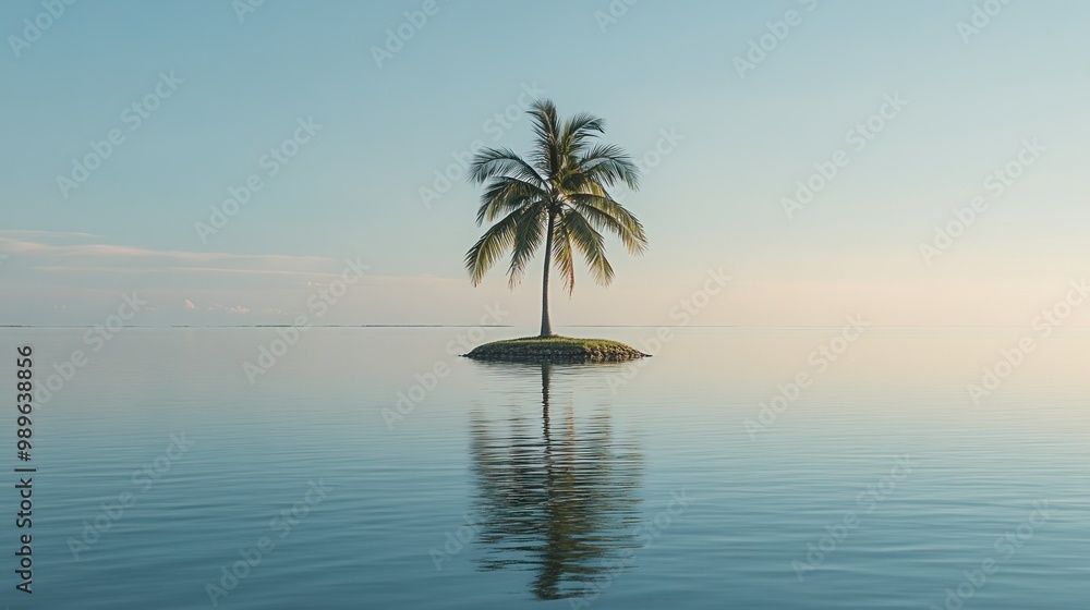 A serene landscape featuring a solitary palm tree on a small island surrounded by calm water. A serene landscape featuring a solitary palm tree on a small island surrounded by calm water.