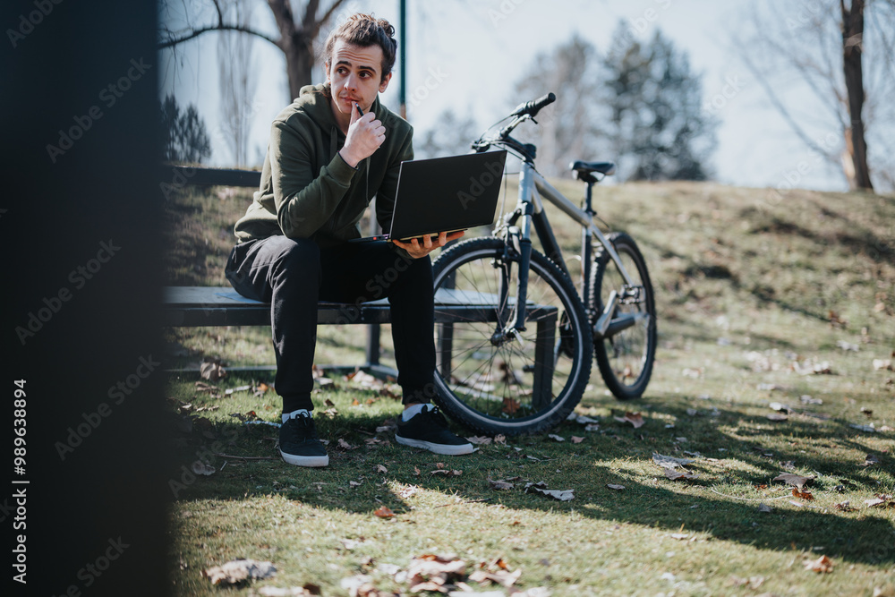 A good looking male enjoys his weekend by working on his laptop outdoors in a park, seated beside his bicycle on a sunny day. A good looking male enjoys his weekend by working on his laptop outdoors in a park, seated beside his bicycle on a sunny day.