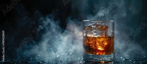 Selective Focus Pure Whisky With Ice Cube Inside Whisky Glass On Dark Foggy Background Alcohol Drink Concept Close Up