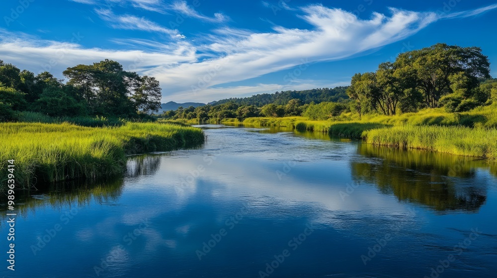 Serene River Landscape with Lush Green Grass and Blue Sky Serene River Landscape with Lush Green Grass and Blue Sky