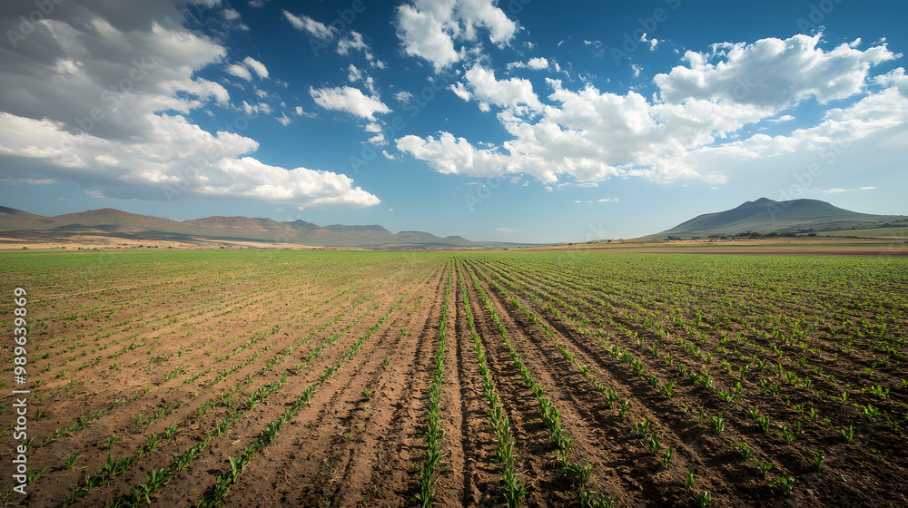 A vast farmland in Africa with withered crops and unused irrigation systems reflecting the economic downturn and resource scarcity. A vast farmland in Africa with withered crops and unused irrigation systems reflecting the economic downturn and resource scarcity.