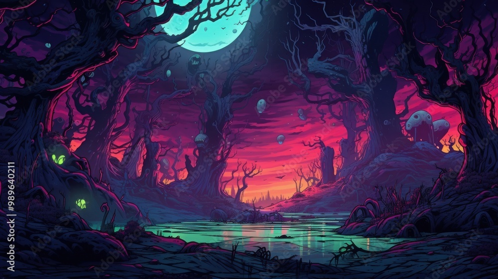 Obraz premium Eerie Nighttime Landscape with Twisted Trees, Glowing Eyes, and a Tranquil Lake