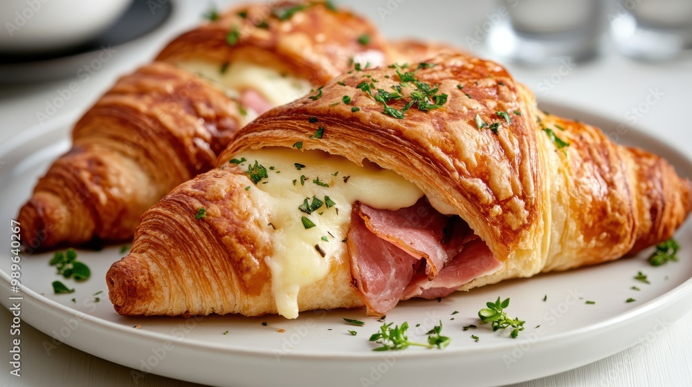 A scrumptious croissant filled with sliced ham and gooey cheese, garnished with fresh herbs, served on a white plate, showcasing a gourmet breakfast option. A scrumptious croissant filled with sliced ham and gooey cheese, garnished with fresh herbs, served on a white plate, showcasing a gourmet breakfast option.