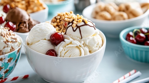 Scoops of vanilla ice cream adorned with cherries and crunchy nuts, served in a white bowl with other delightful dessert bowls, making a perfect sweet treat.