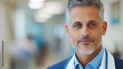 A seasoned doctor, confidently wearing a white coat and stethoscope, stands in a blue-hued environment, embodying professionalism and warmth amidst a bustling workplace.