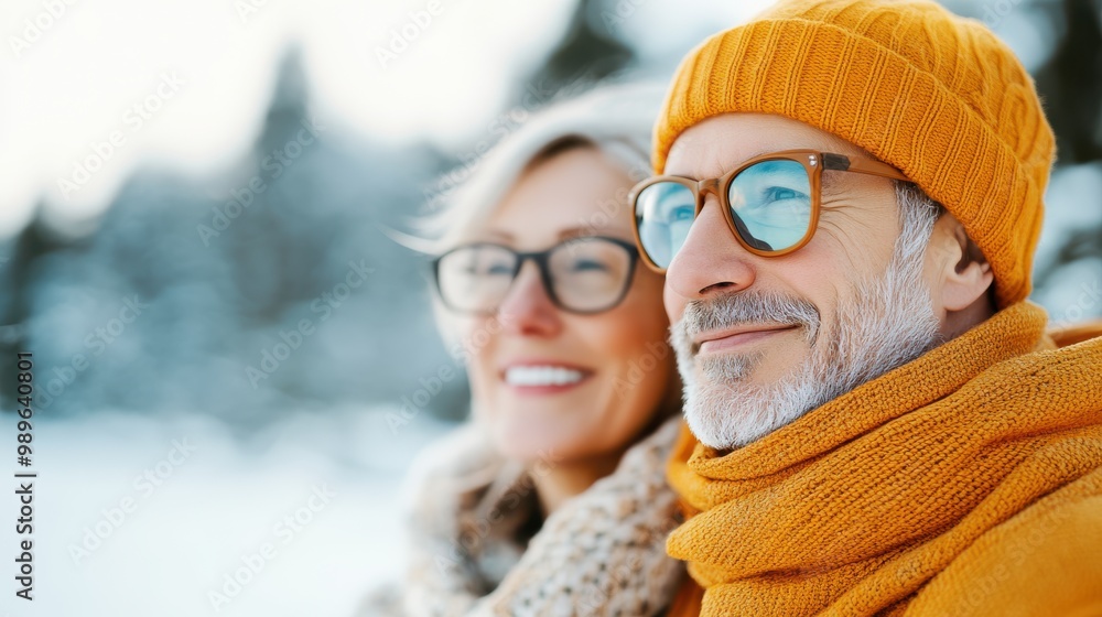 A content couple, warmly dressed in vibrant winter attire, stands in a gentle snowfall, embracing the chilly weather with warmth and connection, in scenic outdoors. A content couple, warmly dressed in vibrant winter attire, stands in a gentle snowfall, embracing the chilly weather with warmth and connection, in scenic outdoors.