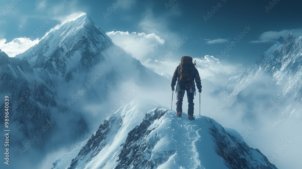 Lone climber standing on snowy mountain peak under a dramatic twilight sky Lone climber standing on snowy mountain peak under a dramatic twilight sky