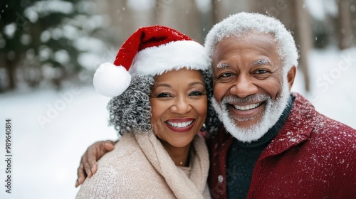 In a snowy outdoor setting, an elderly couple, with the woman wearing a Santa hat, smiles as they embrace the joy and togetherness of the holiday season.