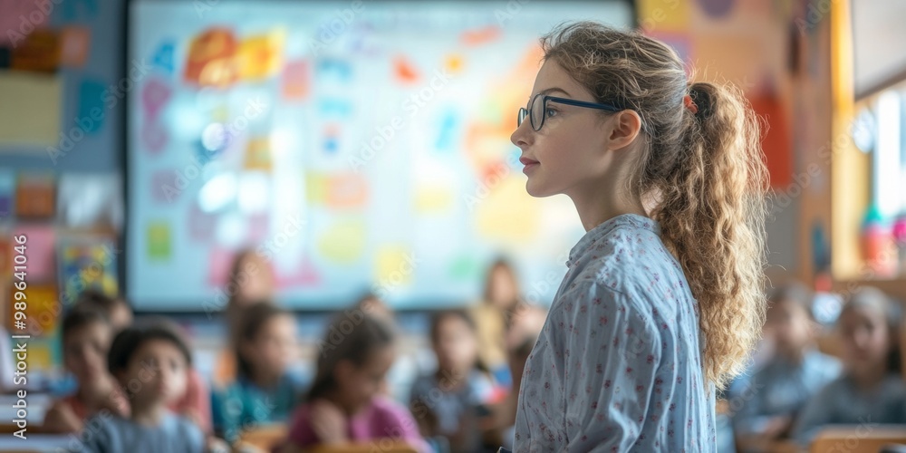 Teacher engaging students with a smartboard lesson, classroom background softly blurred, focused on interactive learning environment Teacher engaging students with a smartboard lesson, classroom background softly blurred, focused on interactive learning environment