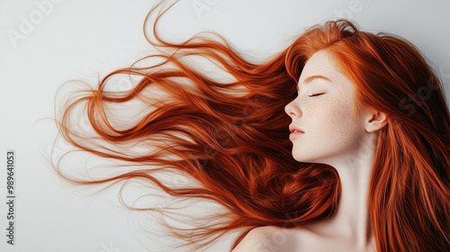 Red hair girl with long shiny hair on a white background, shampoo advertising 