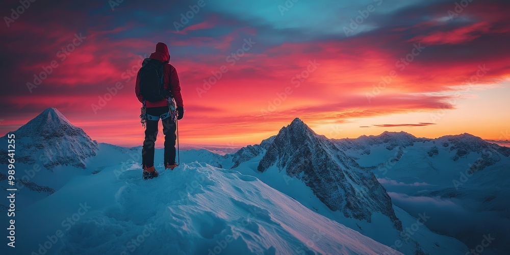 Lone climber standing on snowy mountain peak under a dramatic twilight sky Lone climber standing on snowy mountain peak under a dramatic twilight sky