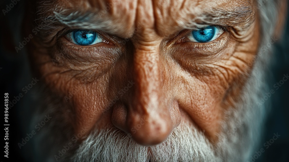 Close-up portrait of an old man with wrinkled face and piercing blue eyes Close-up portrait of an old man with wrinkled face and piercing blue eyes