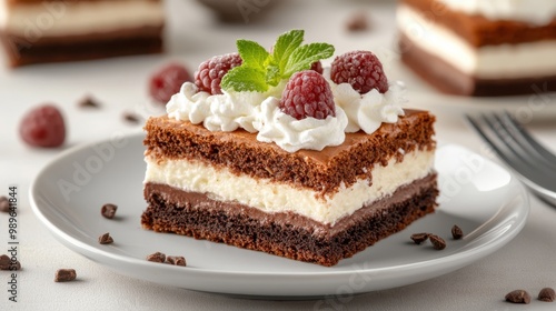 This delicious image shows a layered chocolate raspberry dessert, skillfully decorated with whipped cream and mint, focusing on its decadent flavors and artistic presentation on a white plate.