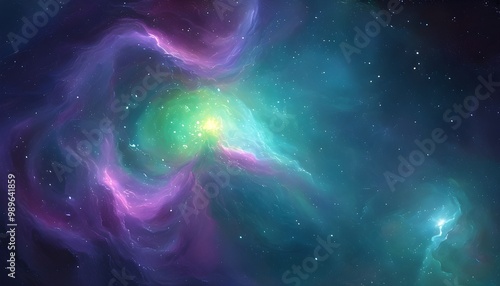 Mystical cosmic nebula with swirling violet and green hues, illuminated by bright stars and ethereal light