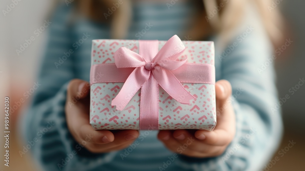 A young child holds out a small rectangular gift wrapped in white paper with pink accents and a matching pink ribbon bow, signifying a special occasion or gift-giving moment. A young child holds out a small rectangular gift wrapped in white paper with pink accents and a matching pink ribbon bow, signifying a special occasion or gift-giving moment.