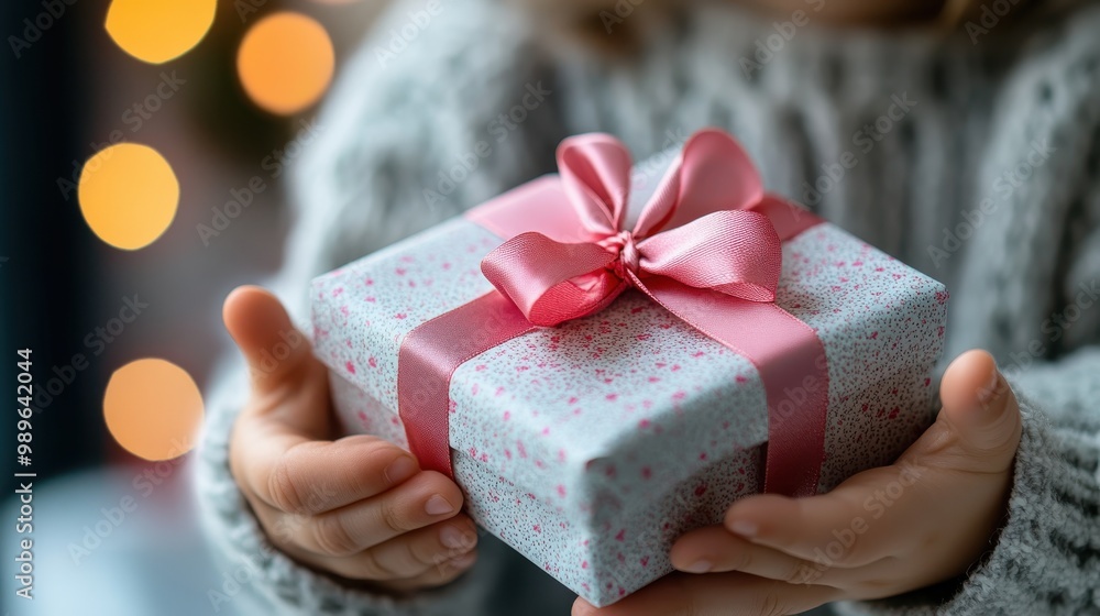 A girl in a cozy sweater presenting a small gift wrapped in white paper with pink accents and a matching pink ribbon, set against a background of warm, glowing Christmas lights. A girl in a cozy sweater presenting a small gift wrapped in white paper with pink accents and a matching pink ribbon, set against a background of warm, glowing Christmas lights.
