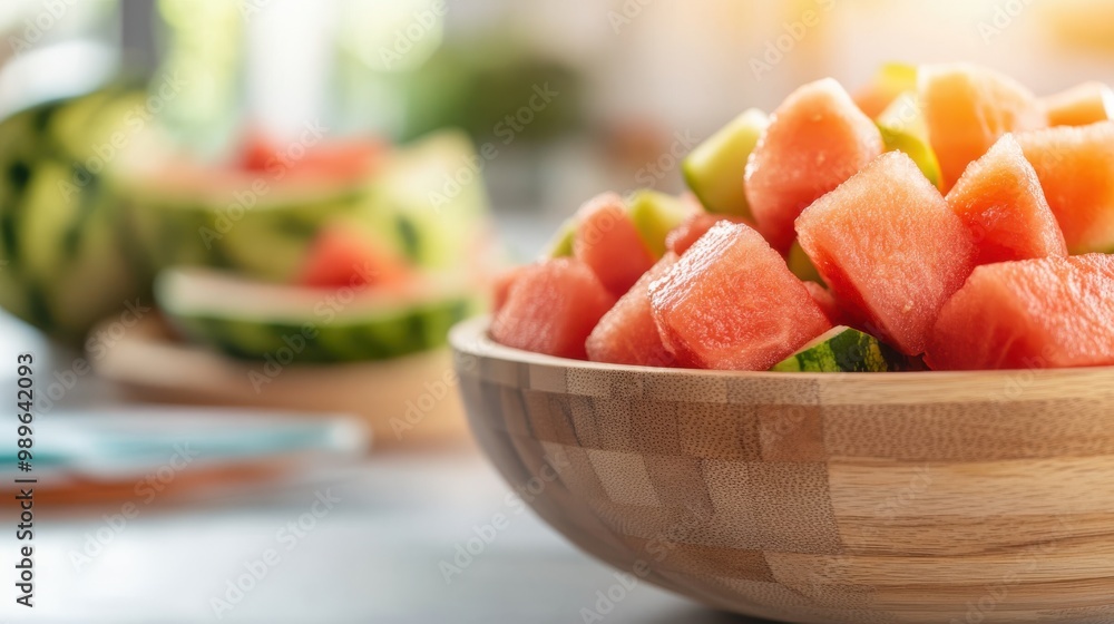 A close-up shot of a wooden bowl filled with fresh, diced watermelon chunks on a table, perfect for a summer snack or refreshing treat on a warm day. A close-up shot of a wooden bowl filled with fresh, diced watermelon chunks on a table, perfect for a summer snack or refreshing treat on a warm day.