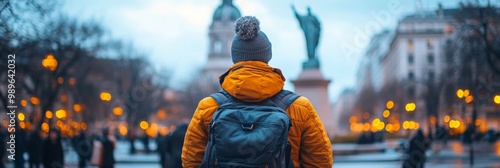 Tourist in awe of iconic statue, vibrant city square alive with energy, soft urban blur enhancing the moment of wonder photo