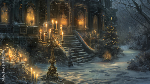 Elegant and mysterious snowy mansion entrance with glowing candelabras and festive decor in winter evening photo