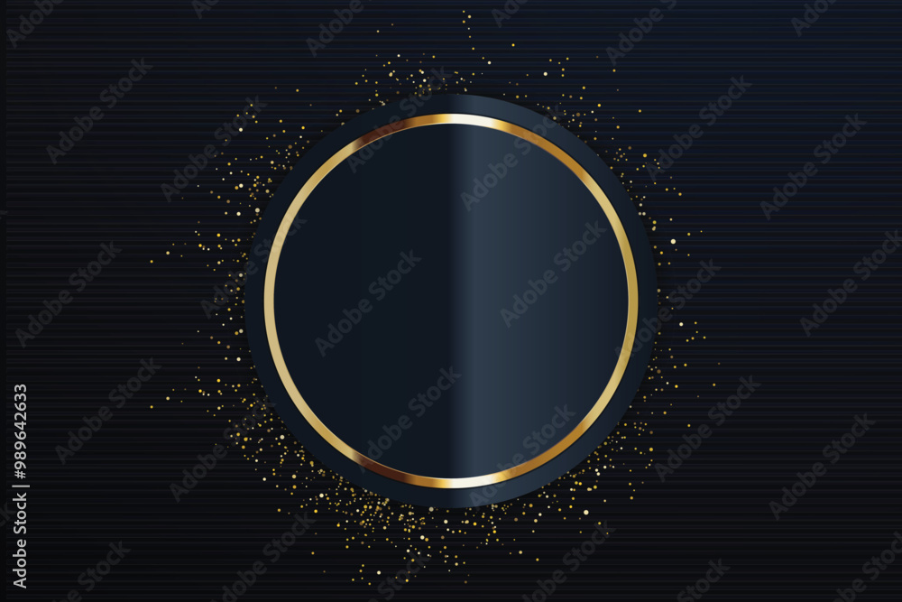 Black and gold circle with glitter on a striped background. Black and gold circle with glitter on a striped background.
