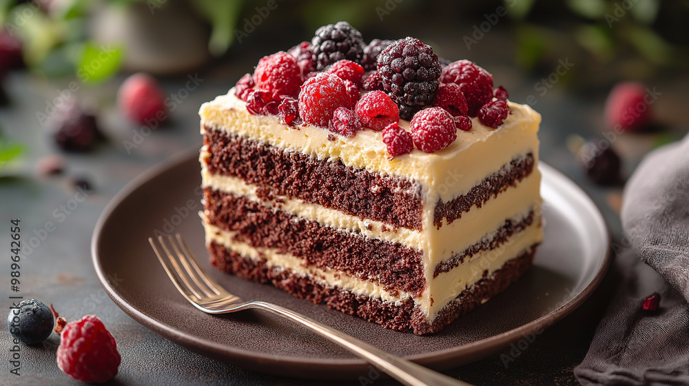 Layered Cake food photography. The scene is set on fancy dish, with a fork beside the plate, ready for the first delicious bite Layered Cake food photography. The scene is set on fancy dish, with a fork beside the plate, ready for the first delicious bite