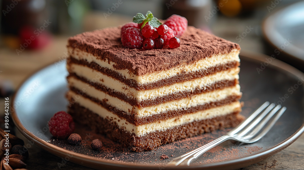 Layered Cake food photography. The scene is set on fancy dish, with a fork beside the plate, ready for the first delicious bite Layered Cake food photography. The scene is set on fancy dish, with a fork beside the plate, ready for the first delicious bite