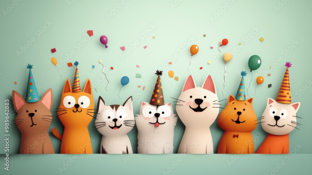 Seven animated cats in a row, wearing festive party hats, surrounded by colorful balloons, streamers, and confetti, creating a lively and joyful birthday celebration. Seven animated cats in a row, wearing festive party hats, surrounded by colorful balloons, streamers, and confetti, creating a lively and joyful birthday celebration.