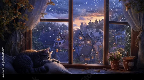  Peaceful cat sleeping by the window with a view of medieval houses in an enchanting evening landscape, creating a cozy atmosphere
 Seamless looping 4k time-lapse virtual video animation Generated AI