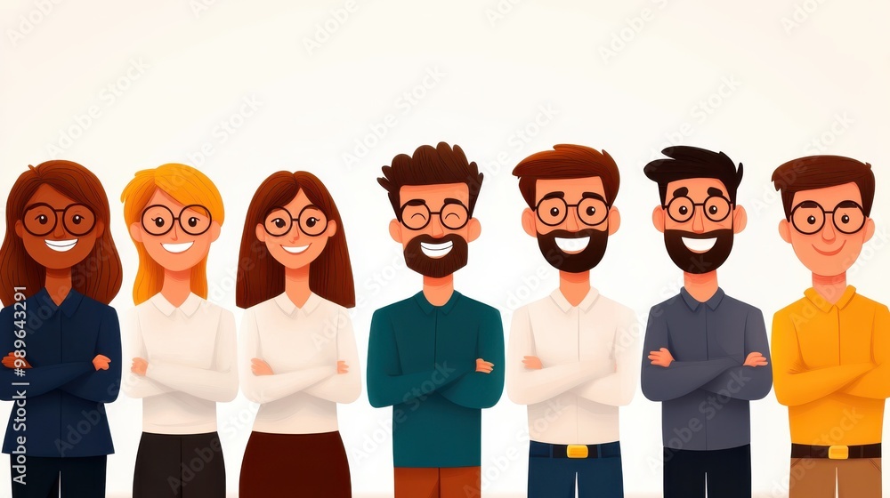 Naklejka premium A colorful cartoon illustration of a diverse team of professionals, all smiling confidently with crossed arms, symbolizing unity, diversity, and professionalism.