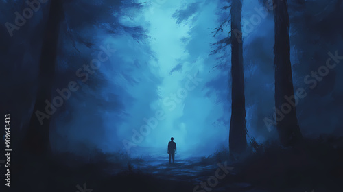 Man silhouette in mystic dark blue foggy forest. Foggy Forest. Illustration